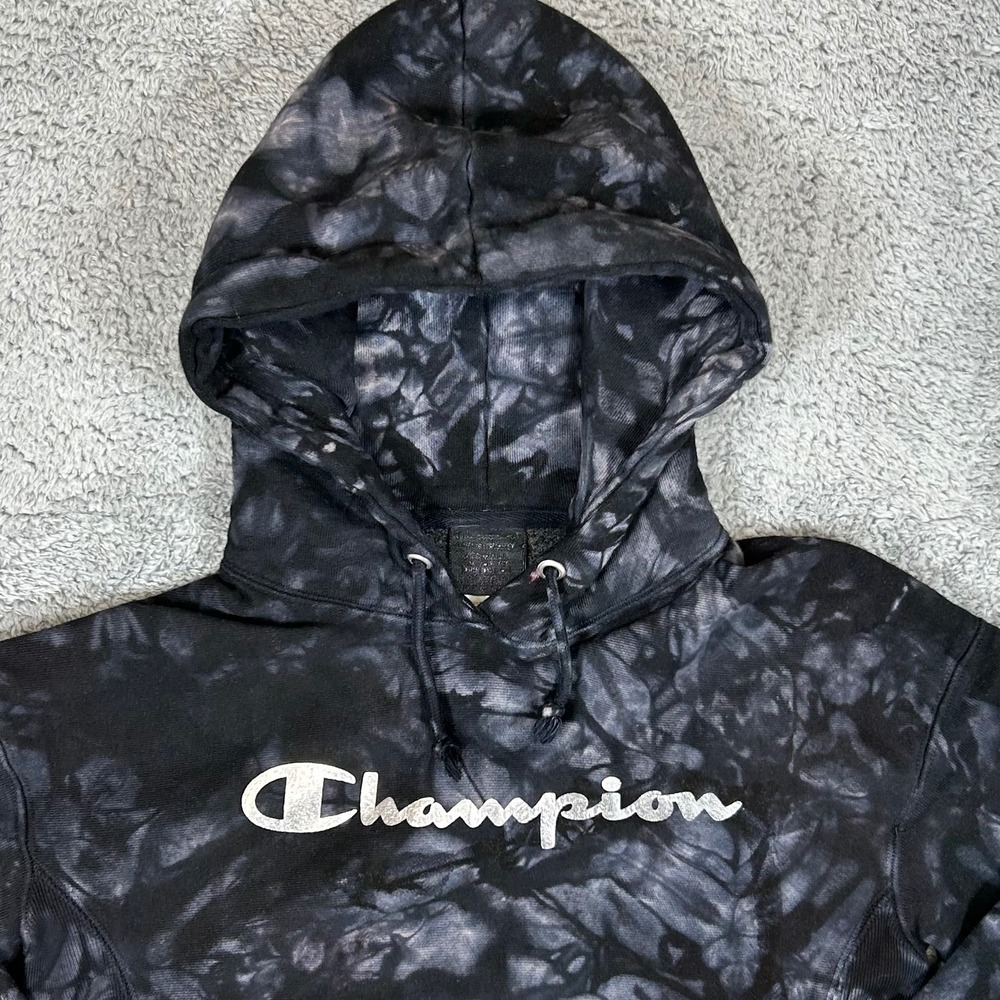 Champion Reverse Weave Tie Dye Hoodie Black Grey Script Logo XS Pullover